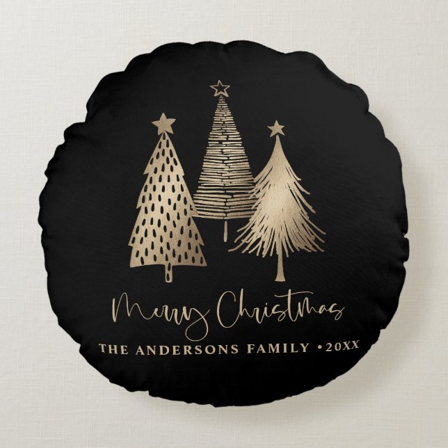 Coussins Ronds Élégant Arbre de Noël Or Joyeux Noël (Devant)