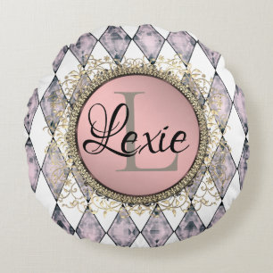 Coussins Ronds Élégant arlequin rose-bleu monogramme