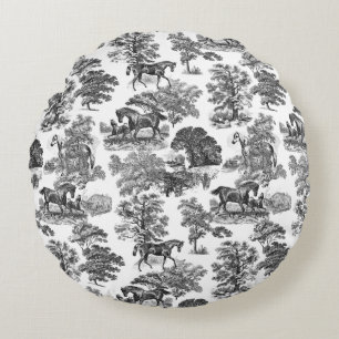 Coussins Ronds Elégant Black White Rustic Horses Toile