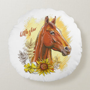 Coussins Ronds Élégant cheval à main avec plantes et fleurs