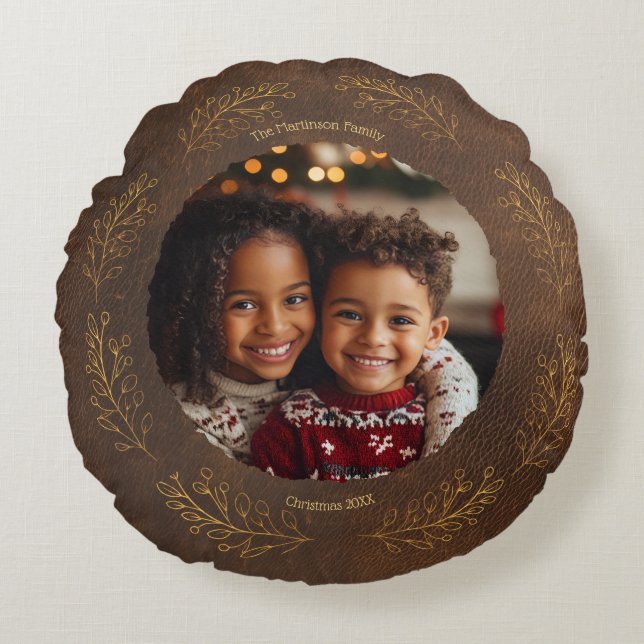 Coussins Ronds Elegant Golden Leaves Family Photo Christmas Brown (Devant)