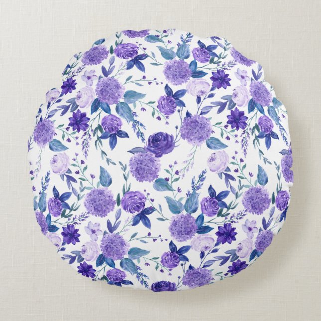 Coussins Ronds Élégant Lilac Violet Floral Sur Blanc (Devant)