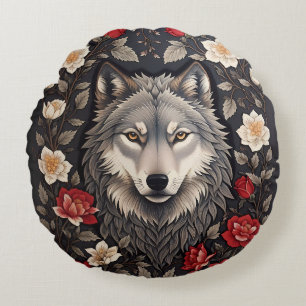 Coussins Ronds Élégant loup gris floral