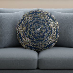 Coussins Ronds Elégant Mandala Art Boho Luxury Gold et Navy Blue