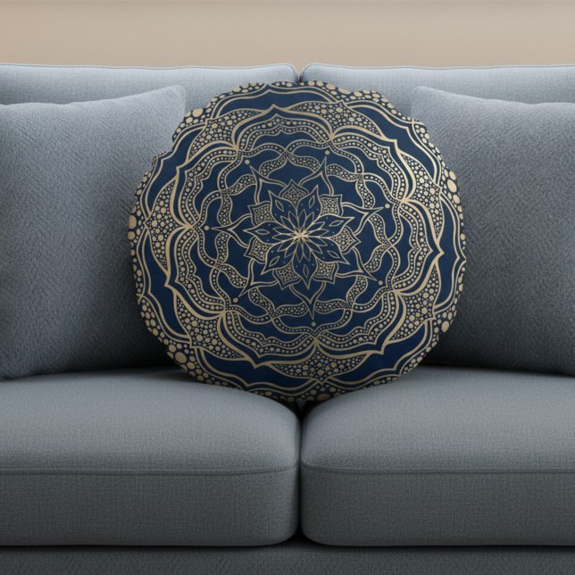 Coussins Ronds Elégant Mandala Art Boho Luxury Gold et Navy Blue (Créateur téléchargé)
