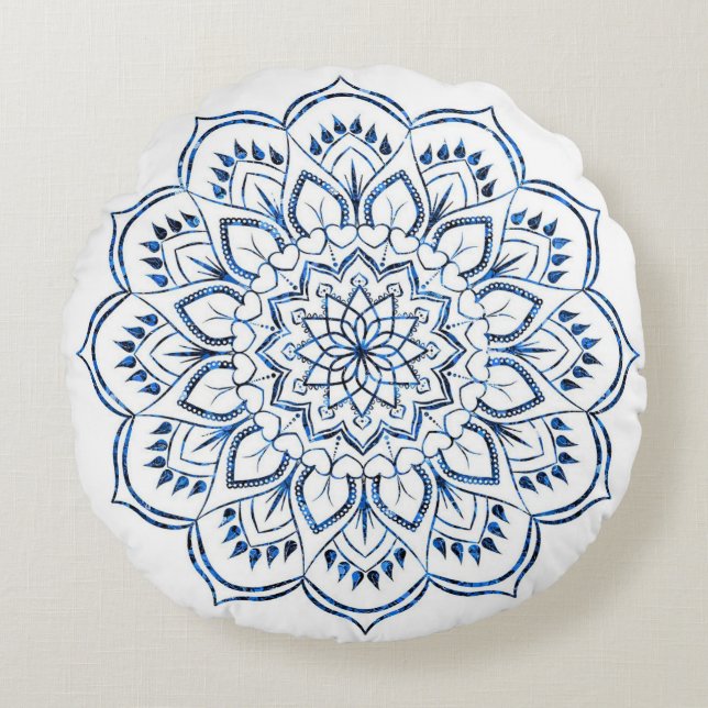 Coussins Ronds Élégant Mandala Décoratif Bleu Métallisé (Devant)