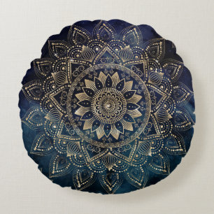 Coussins Ronds Elégant Mandala Gold Blue Galaxy