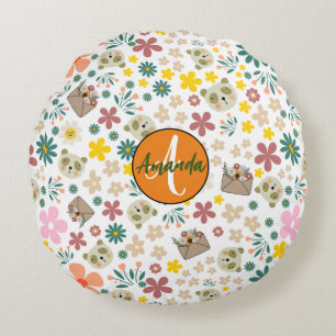 Coussins Ronds Élégant monogrammé floral pastel girly blanc rose