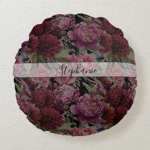 Coussins Ronds Élégant Monogramme floral rouge et rose Vintage