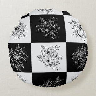 Coussins Ronds Élégant motif floral à carreaux noir et blanc esth