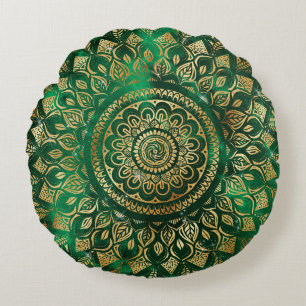 Coussins Ronds Élégant or vert Mandala Floral
