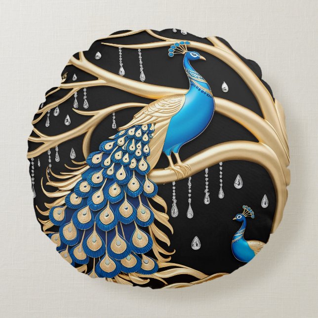 Coussins Ronds Elégant Peacock Wall Art avec Gold et Blue Detail (Devant)
