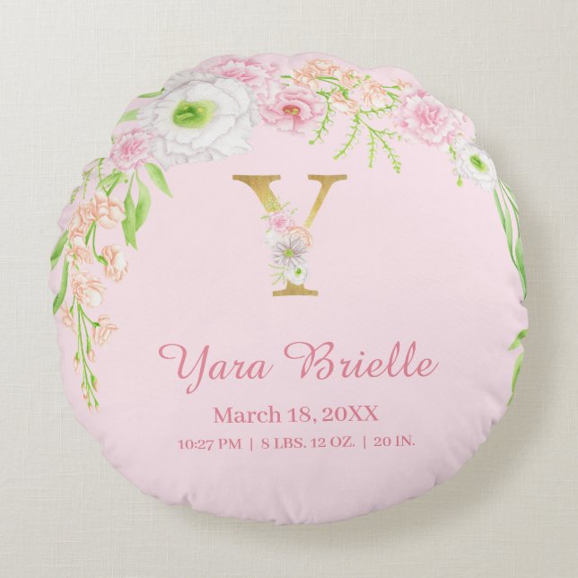Coussins Ronds Elegant Pink Gold Monogram "Y" Baby Girl Stats (Devant)