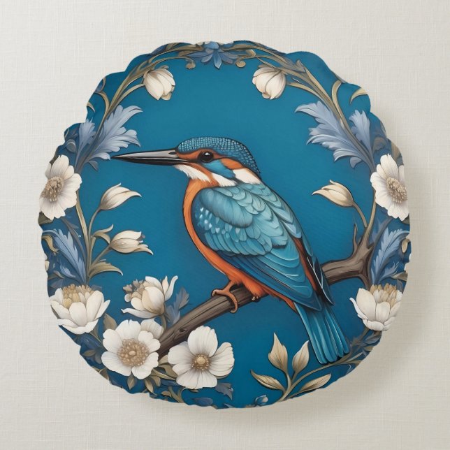 Coussins Ronds Élégant turquoise Kingfisher Bird Floral (Devant)
