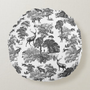 Coussins Ronds Elégant Vintage noir blanc français Toile Cerf