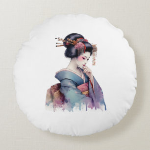 Coussins Ronds Elegant Watercolor Geisha in Soft Teal and Plum
