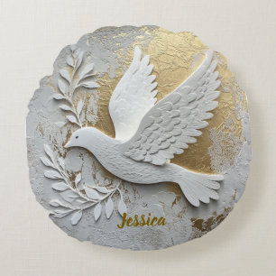 Coussins Ronds Elégant White Dove avec Gold Nom personnalisable
