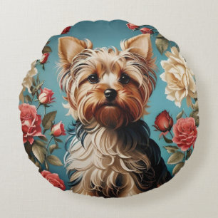 Coussins Ronds Elégant Yorkshire Terrier Portrait Rose Garden