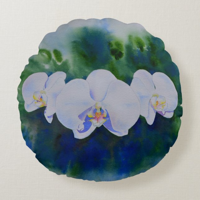 Coussins Ronds Elégante aquarelle blanche orchidées boho tropical (Devant)