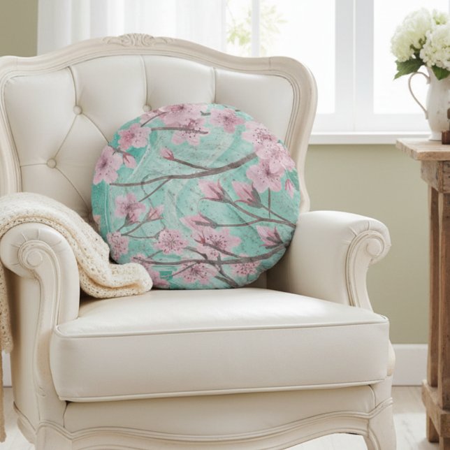 Coussins Ronds Élégante Aquarelle rose Fleurs de cerisiers sur Ag (Créateur téléchargé)