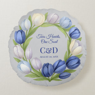 Coussins Ronds Elégante aquarelle Tulipe Mariage de couronne bleu