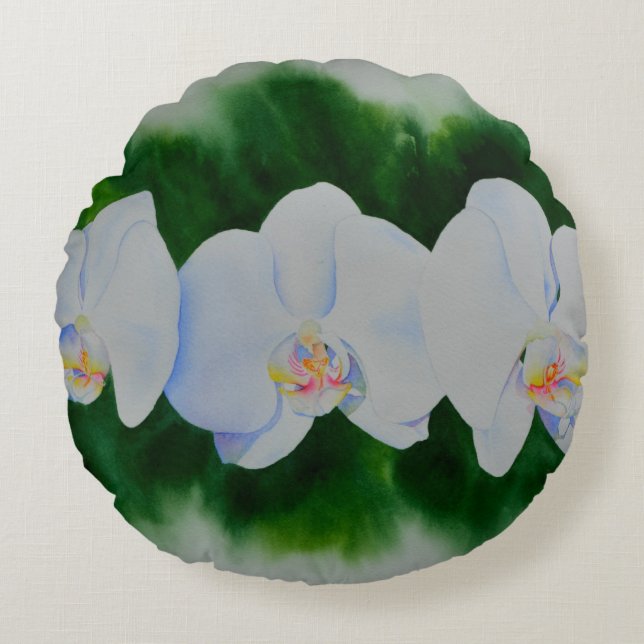 Coussins Ronds Elégante peinture d'orchidée tropicale blanche (Devant)