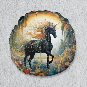 Coussins Ronds Élégante Rainbow Black Unicorn Lance Oreiller pour