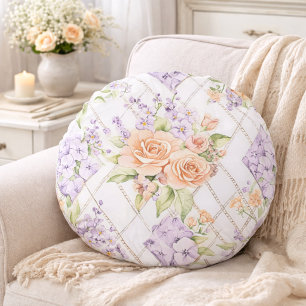 Coussins Ronds Élégantes Roses Pêches Lavande Floral Cottagecore