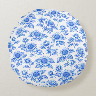Coussins Ronds Élégants Tournesols Toile du Jouy – Botanique Bleu