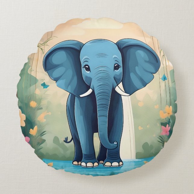 Coussins Ronds Eléphant Bébé Bleu Whimsical, (Devant)