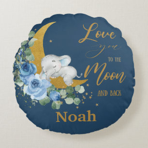 Coussins Ronds Elephant Bleu Floral Aimez-vous à la Lune et à l'a