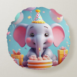 Coussins Ronds Éléphant de dessin animé adorable célébrant un ann