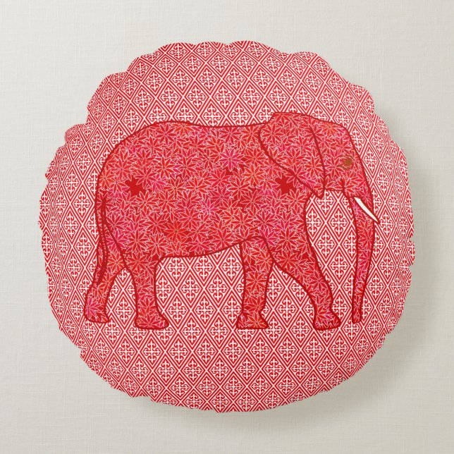 Coussins Ronds Éléphant de fleur - rouge-foncé et de corail (Devant)