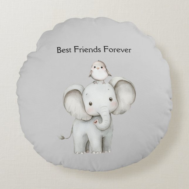 Coussins Ronds Éléphant et oiseau meilleurs amis (Devant)