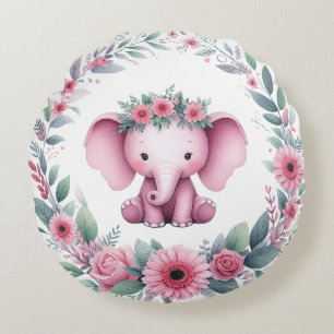 Coussins Ronds Éléphant mignon avec fleurs roses