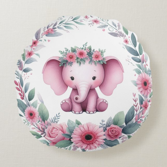 Coussins Ronds Éléphant mignon avec fleurs roses (Devant)
