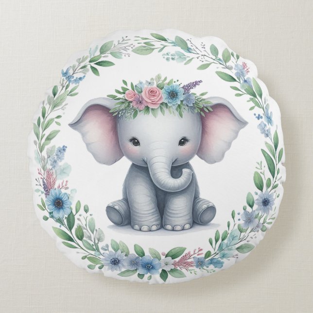 Coussins Ronds Eléphant mignon avec Floral Bleu (Devant)