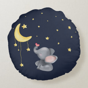 Coussins Ronds Éléphant Mignon Avec Petit Papillon Sous La Lune