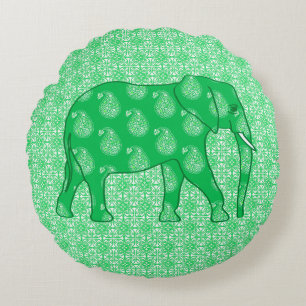 Coussins Ronds éléphant Paisley - vert jade et blanc