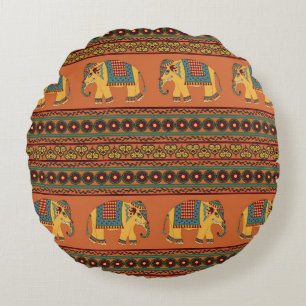 Coussins Ronds Eléphants Indiens, Orange Traditionnel Sans Seamle