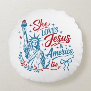Coussins Ronds Elle aime Jésus et l'Amérique aussi le 4 juillet C