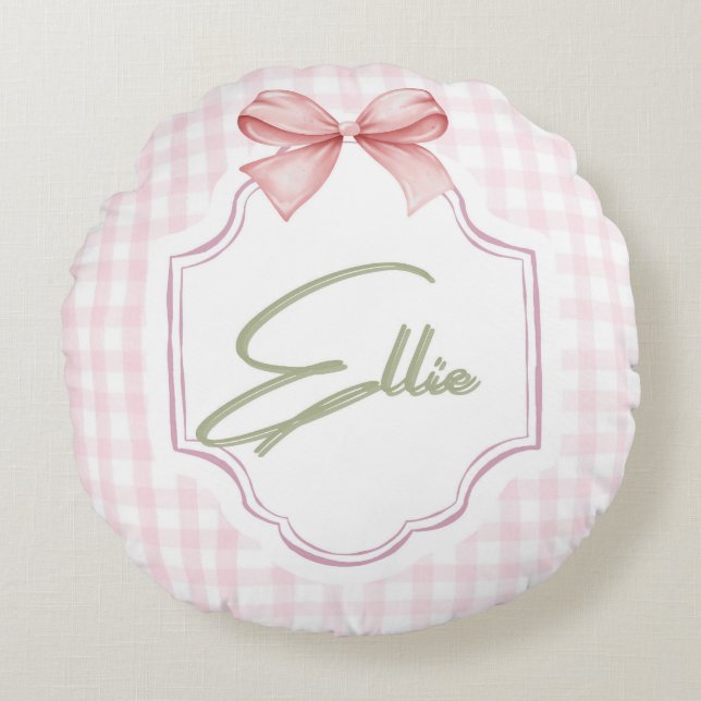 Coussins Ronds Ellie Personnalisée Pink Bow & En vichy Imprimer (Devant)
