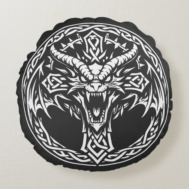 Coussins Ronds Emblème Dragon Celtique par BurnsInHell (Devant)