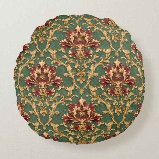 Coussins Ronds Emerald Gold Baroque Damask (Devant)