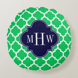 Coussins Ronds Émeraude Blanc Marocain #5 Navy 3 Initial Monogram
