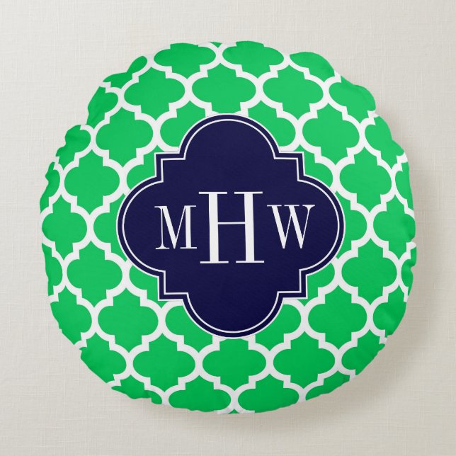 Coussins Ronds Émeraude Blanc Marocain #5 Navy 3 Initial Monogram (Devant)