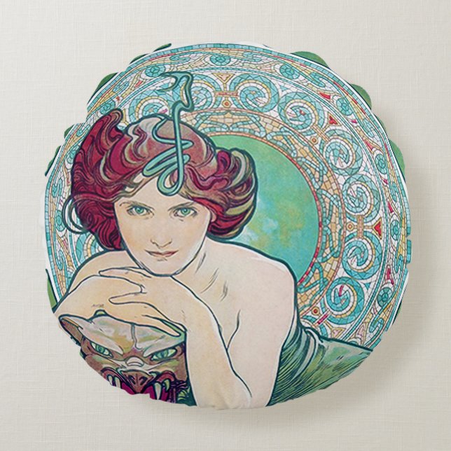 Coussins Ronds Emeraude (Quatre Bijoux), Oreiller Alphonse Mucha (Devant)