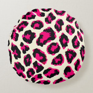 Coussins Ronds Empreinte de léopard animal rose et noir