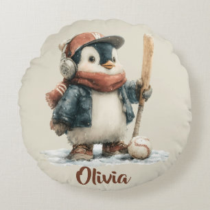 Coussins Ronds Enfant de softball de pingouin d'hiver personnalis