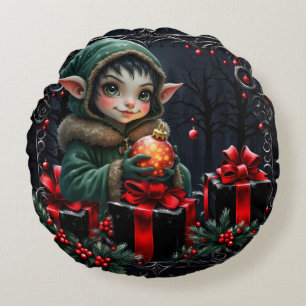 Coussins Ronds Enfant Elfe mignon en manteau à capuchon vert